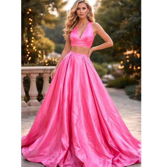 Sherri Hill Dresses & Skirts - Sherri Hill 2 Pink Halter Neck Crop Top 2Piece Formal Skirt Set Beaded Pockets